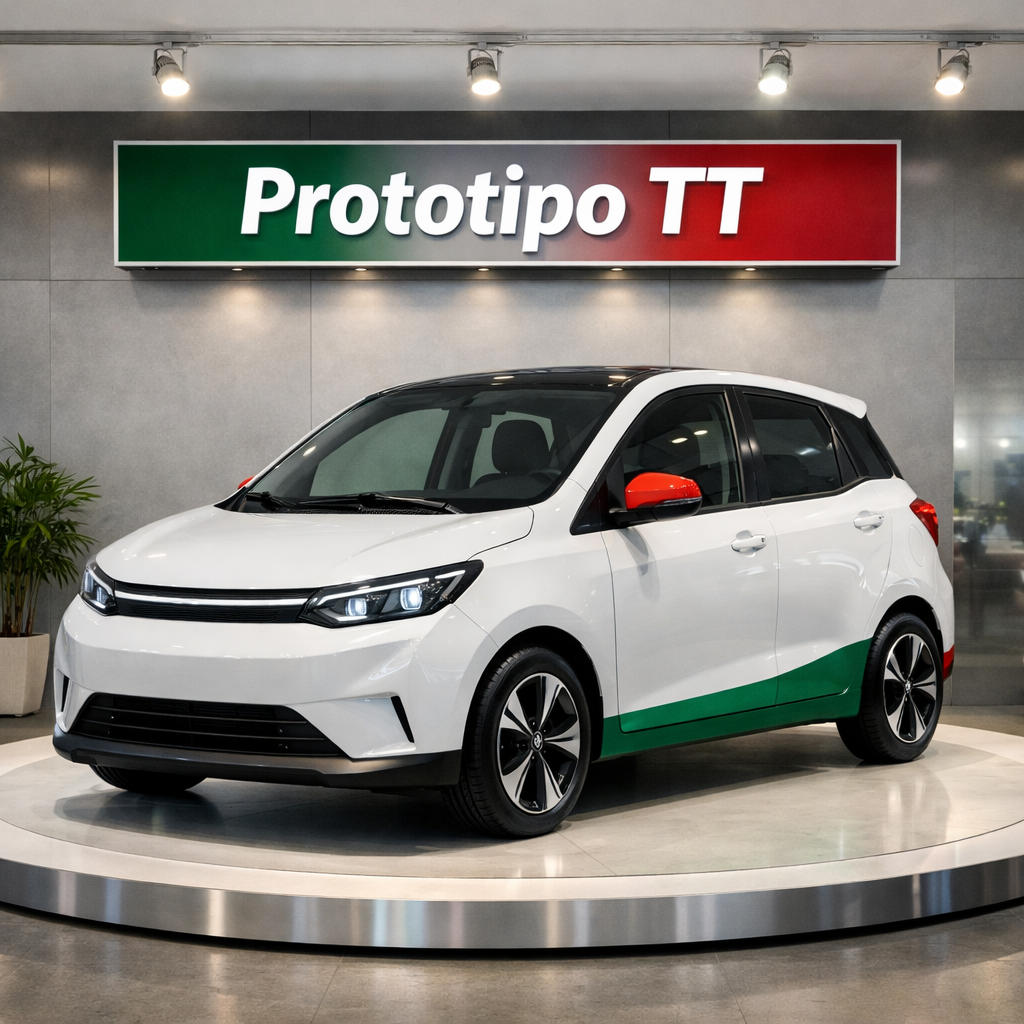 Prototipo TT exhibido en un showroom con colores mexicanos