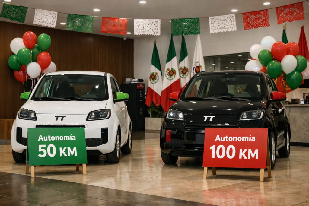Dos coches eléctricos compactos en un showroom, uno con rótulo 50 km y otro 100 km, con colores de México